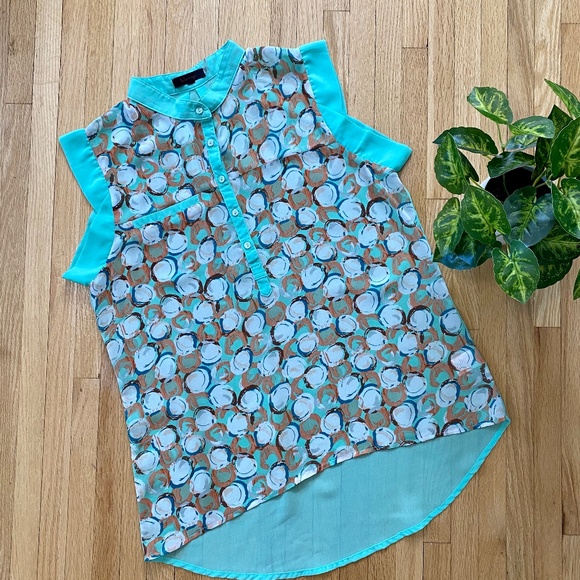 Lulumari Aqua Abstract Sleeveless Chinese Collar High-Low Button Up Blouse Sz M - Picture 2 of 10